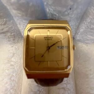 Seiko Gold-Tone Square Watch with Brown Strap